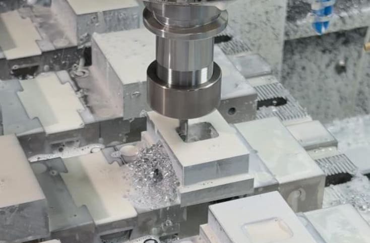 CNC-milled metal parts with white cutting fluid on them